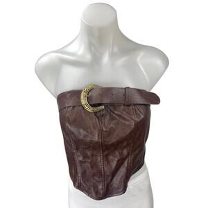 Shein Brown Strapless Belted Tube Faux Leather Vegan Corset Bustier Crop Top 2